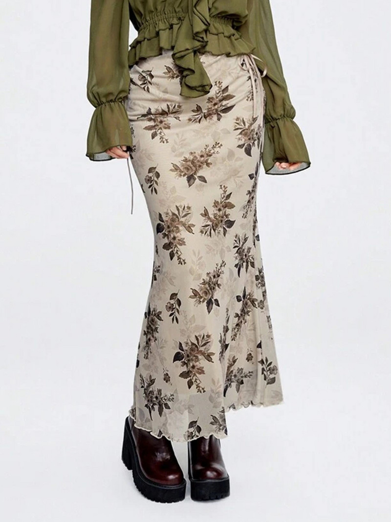 Weekeep Fairycore virágmintás hosszú szoknya, női húzózsinóros kötszer, egyenes, vékony szabású szoknyák 2000-es évek vintage ruhái Harajuku y2k