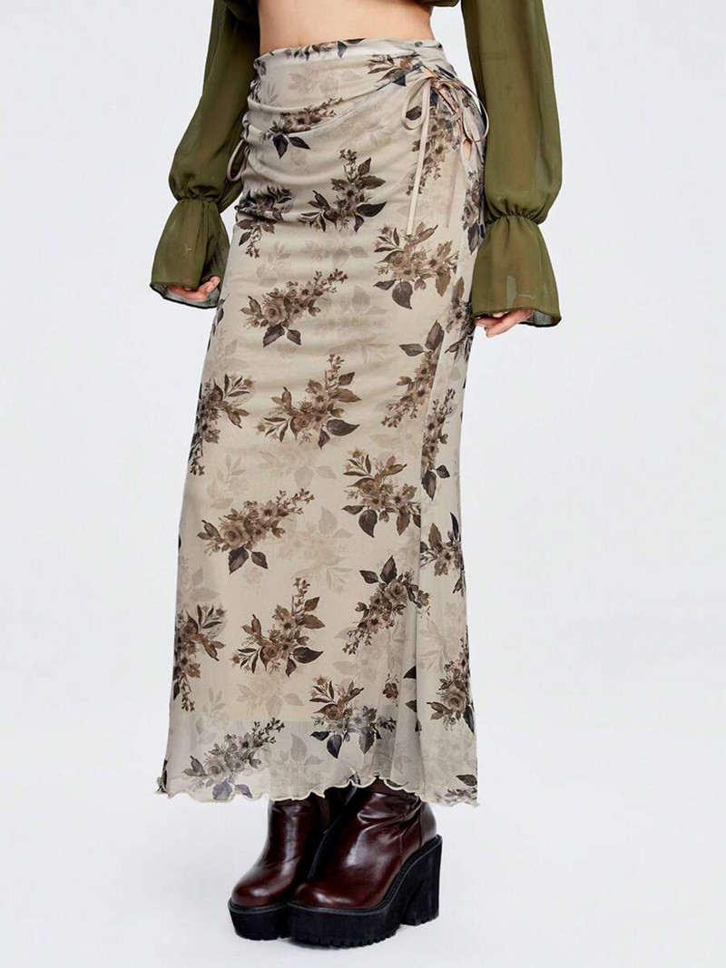 Weekeep Fairycore virágmintás hosszú szoknya, női húzózsinóros kötszer, egyenes, vékony szabású szoknyák 2000-es évek vintage ruhái Harajuku y2k