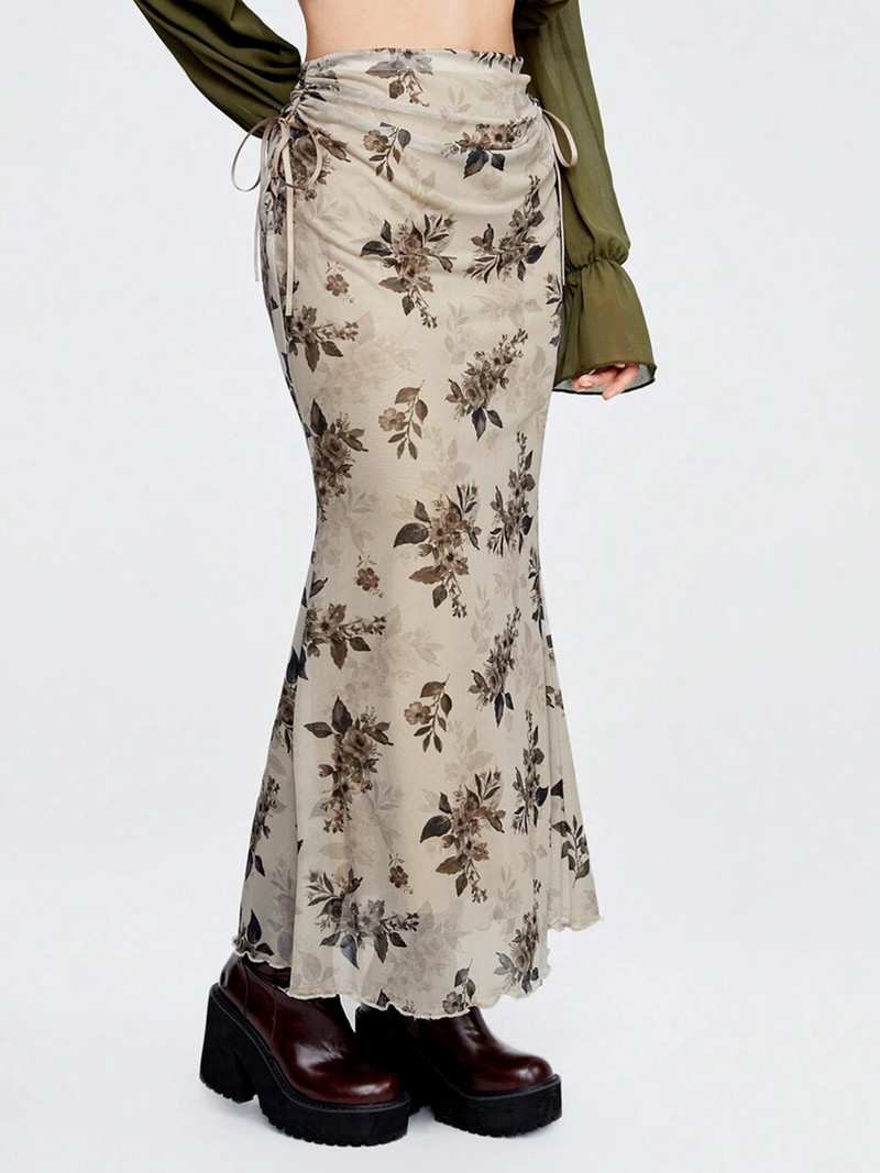 Weekeep Fairycore virágmintás hosszú szoknya, női húzózsinóros kötszer, egyenes, vékony szabású szoknyák 2000-es évek vintage ruhái Harajuku y2k