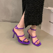 Sandale de damă cu design cu cataramă 2024, moda de vară, violet, cu tocuri înalte, sandale simple cu centură subțire, cu platformă, sandale pentru femei