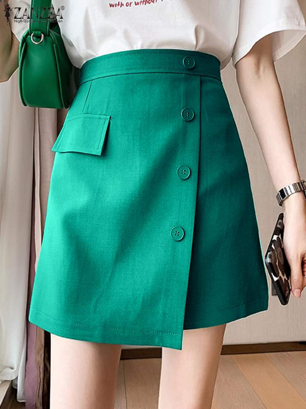 ZANZEA Γυναικεία Μίνι Φούστα Ψηλόμεση 2024 Καλοκαίρι Κομψά Κομψά Κουμπιά Up Jupe OL Office Μονόχρωμη Faldas Saia Κοντές φούστες