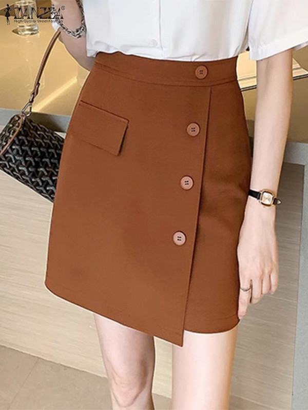 ZANZEA Γυναικεία Μίνι Φούστα Ψηλόμεση 2024 Καλοκαίρι Κομψά Κομψά Κουμπιά Up Jupe OL Office Μονόχρωμη Faldas Saia Κοντές φούστες