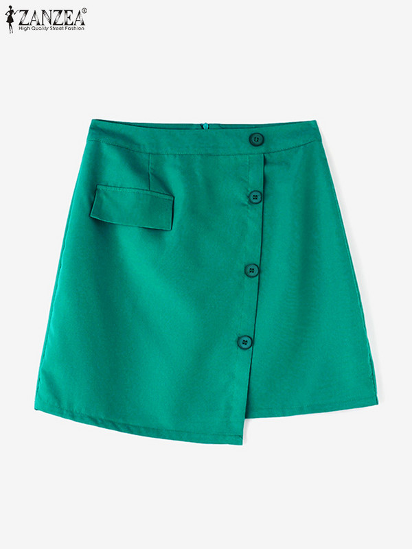 ZANZEA Γυναικεία Μίνι Φούστα Ψηλόμεση 2024 Καλοκαίρι Κομψά Κομψά Κουμπιά Up Jupe OL Office Μονόχρωμη Faldas Saia Κοντές φούστες