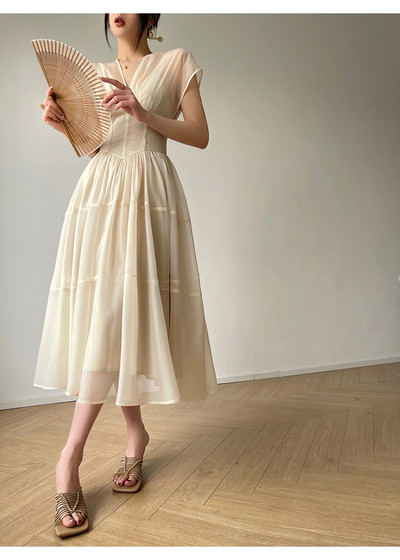 Rochie midi elegantă cu decolteu în V cu imprimeu vintage pentru femei, vară, noi, rochii franceze de petrecere, rochii de prințesă, halat de bal, rochii dintr-o bucată pentru femei