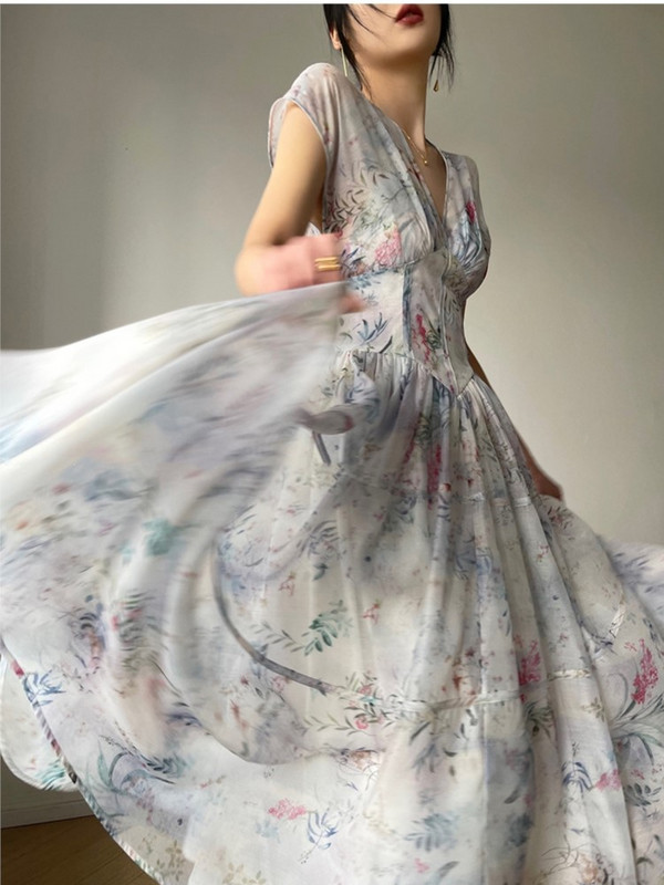 Rochie midi elegantă cu decolteu în V cu imprimeu vintage pentru femei, vară, noi, rochii franceze de petrecere, rochii de prințesă, halat de bal, rochii dintr-o bucată pentru femei