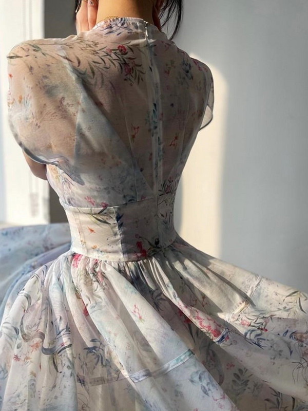 Rochie midi elegantă cu decolteu în V cu imprimeu vintage pentru femei, vară, noi, rochii franceze de petrecere, rochii de prințesă, halat de bal, rochii dintr-o bucată pentru femei