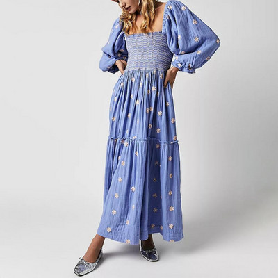 Női, szögletes nyakú, hajtogatott lámpás ujjú virágmintás női Midi ruha Elegáns Boho nyomott fodros Sundress tavaszi maxi ruha