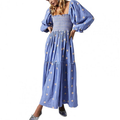 Γυναικείο μανίκι με πλισέ λαιμόκοψη λουλούδι Γυναικείο φόρεμα midi Κομψό ανοιξιάτικο μάξι φόρεμα με βολάν με στάμπα Boho