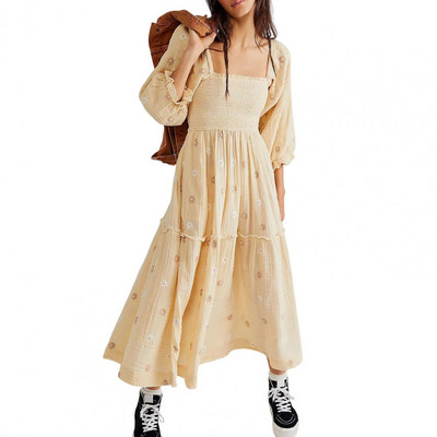 Γυναικείο μανίκι με πλισέ λαιμόκοψη λουλούδι Γυναικείο φόρεμα midi Κομψό ανοιξιάτικο μάξι φόρεμα με βολάν με στάμπα Boho