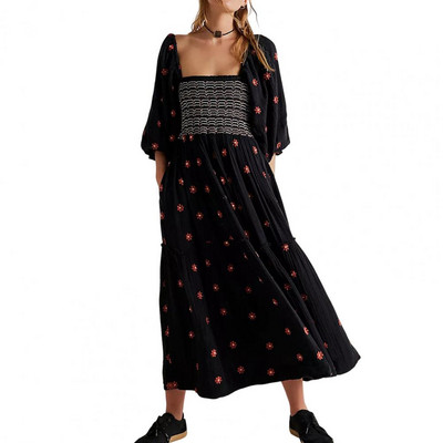 Γυναικείο μανίκι με πλισέ λαιμόκοψη λουλούδι Γυναικείο φόρεμα midi Κομψό ανοιξιάτικο μάξι φόρεμα με βολάν με στάμπα Boho