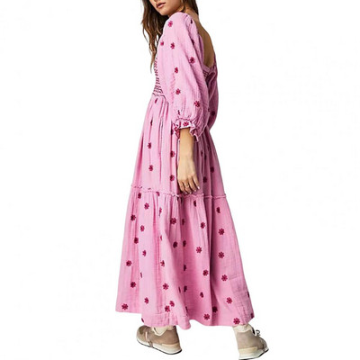 Γυναικείο μανίκι με πλισέ λαιμόκοψη λουλούδι Γυναικείο φόρεμα midi Κομψό ανοιξιάτικο μάξι φόρεμα με βολάν με στάμπα Boho