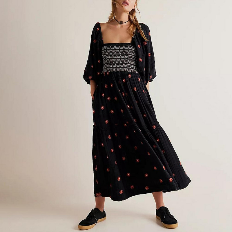 Γυναικείο μανίκι με πλισέ λαιμόκοψη λουλούδι Γυναικείο φόρεμα midi Κομψό ανοιξιάτικο μάξι φόρεμα με βολάν με στάμπα Boho