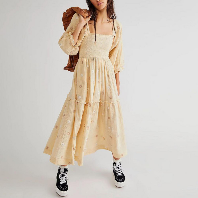 Γυναικείο μανίκι με πλισέ λαιμόκοψη λουλούδι Γυναικείο φόρεμα midi Κομψό ανοιξιάτικο μάξι φόρεμα με βολάν με στάμπα Boho