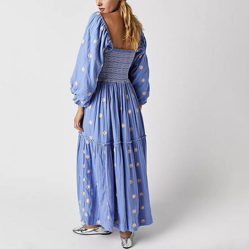Γυναικείο μανίκι με πλισέ λαιμόκοψη λουλούδι Γυναικείο φόρεμα midi Κομψό ανοιξιάτικο μάξι φόρεμα με βολάν με στάμπα Boho