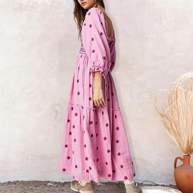 Γυναικείο μανίκι με πλισέ λαιμόκοψη λουλούδι Γυναικείο φόρεμα midi Κομψό ανοιξιάτικο μάξι φόρεμα με βολάν με στάμπα Boho