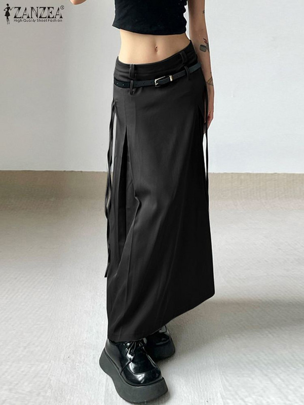 ZANZEA női tömör maxi szoknyák divatos koreai alacsony derekú Jupe Vintage redők fűzős Faldas Holiday 2024 tavaszi A-vonalú szoknyák