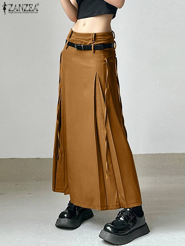 ZANZEA női tömör maxi szoknyák divatos koreai alacsony derekú Jupe Vintage redők fűzős Faldas Holiday 2024 tavaszi A-vonalú szoknyák