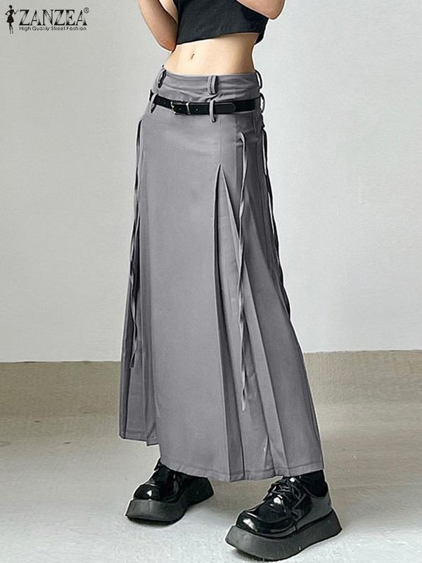 ZANZEA női tömör maxi szoknyák divatos koreai alacsony derekú Jupe Vintage redők fűzős Faldas Holiday 2024 tavaszi A-vonalú szoknyák