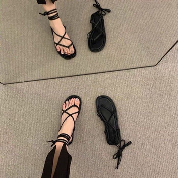 дамски сандали 2024 лято ново пристигане модни джапанки с кръгли пръсти кръстосана каишка едноцветни сандали ежедневни плоски дамски обувки