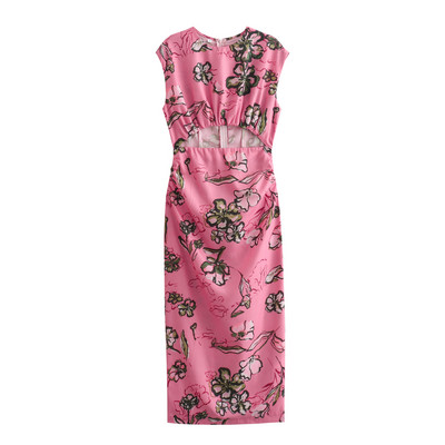 Γυναικεία καλοκαιρινά κούφια φορέματα 2024 Φορέματα με μίντι στάμπα με λαιμόκοψη Αμάνικα φλοράλ φορέματα Κομψό, πολυτελές βραδινό φόρεμα