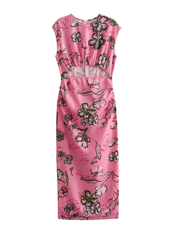 Γυναικεία καλοκαιρινά κούφια φορέματα 2024 Φορέματα με μίντι στάμπα με λαιμόκοψη Αμάνικα φλοράλ φορέματα Κομψό, πολυτελές βραδινό φόρεμα