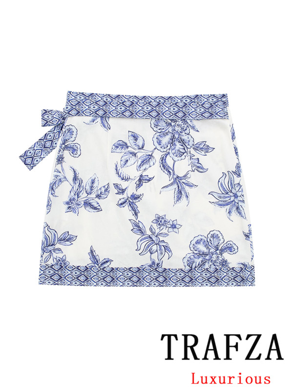 TRAFZA Vintage Casual Chic Fusta Femei Imprimat Fundă Mini Fustă șiretă Moda 2024 Primăvara Vară Fuste Boho Vintage