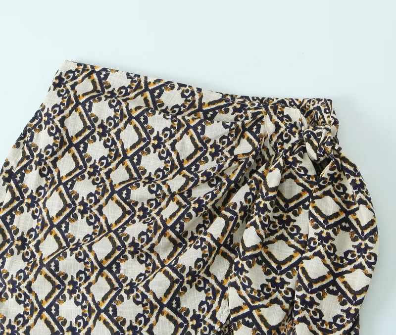 TRAF 2023 Nyári Női Vintage Geometric Print Mini szoknya magas derekú csokornyakkendő Bojt szoknyák Divat Nyári Ünnep Mujer Faldas