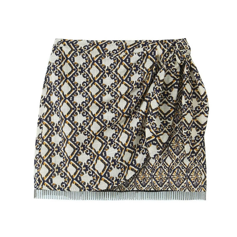 TRAF 2023 Nyári Női Vintage Geometric Print Mini szoknya magas derekú csokornyakkendő Bojt szoknyák Divat Nyári Ünnep Mujer Faldas