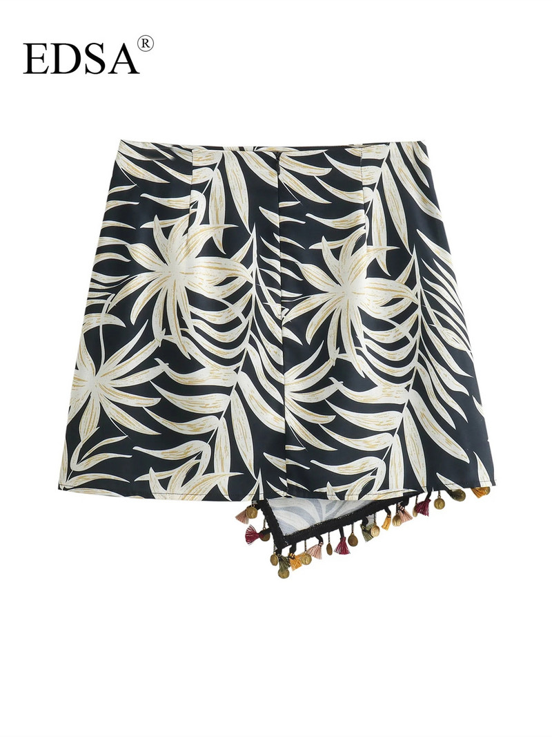 Fusta mini cu ciucuri imprimate EDSA pentru femei, cu fundă, stil de plajă de vară 2024 pentru fuste ocazionale cu talie înaltă pentru femei