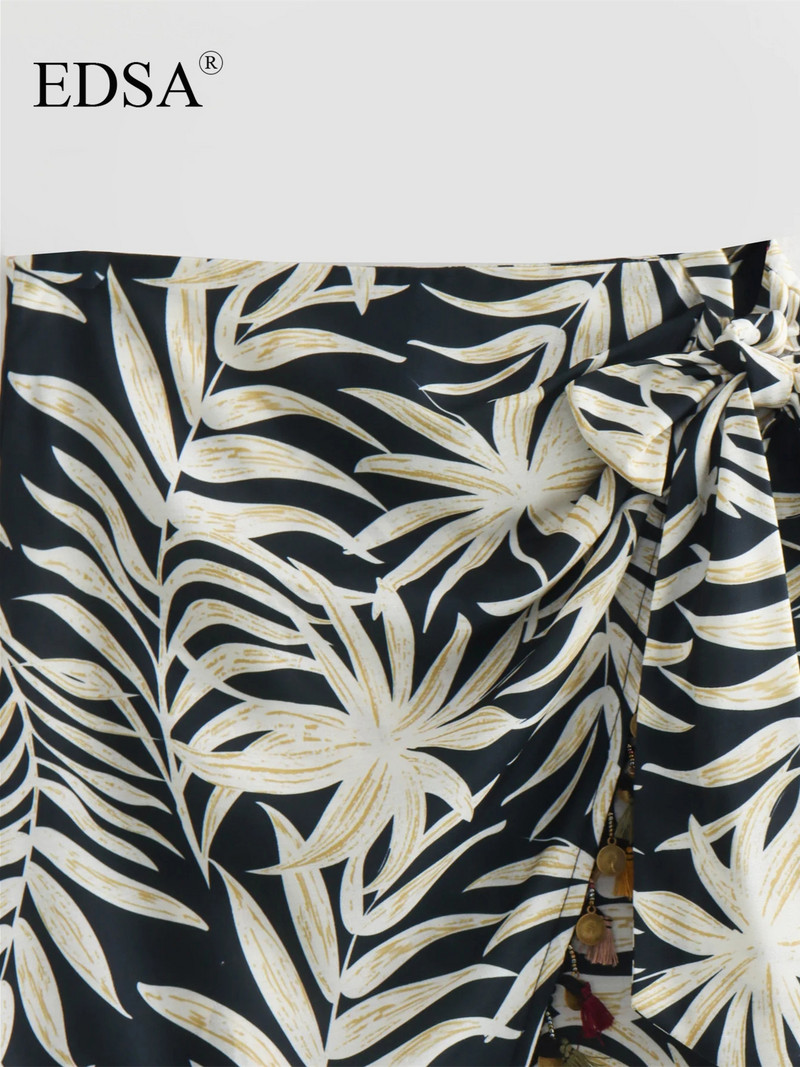 Fusta mini cu ciucuri imprimate EDSA pentru femei, cu fundă, stil de plajă de vară 2024 pentru fuste ocazionale cu talie înaltă pentru femei