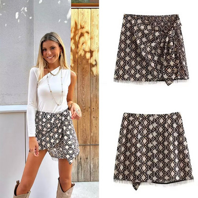 Mini suknja s printom s resicama Ženske modne ženske suknje visokog struka na vezanje 2024. Proljeće ljeto Ležerne praznične dame A-kroja za sve kombinacije