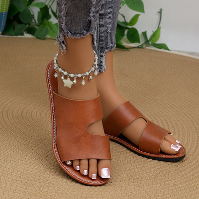 Γυναικεία μόδα καλοκαιρινά σανδάλια μονόχρωμα ανοιχτόχρωμα παντόφλες παραλίας με ίσιο κάτω μέρος Άνετα καθημερινά γυναικεία σανδάλια