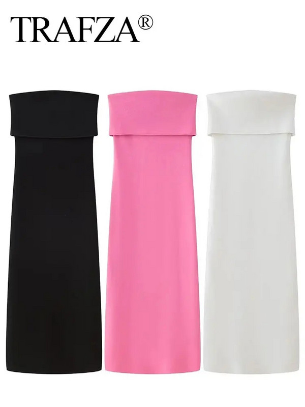 TRAFZA Rochie elegantă pentru femei 2024 de vară roz, fără bretele, fără spate, rochii midi subțiri pentru femei șic, sexy, de petrecere, rochie de seară pentru femei