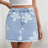 Sieviešu pussvārki Jaunas modes, taisni apdrukāti džinsa svārki Trend Retro Street Style Ikdienas džinsa pussvārki