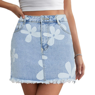 Sieviešu pussvārki Jaunas modes, taisni apdrukāti džinsa svārki Trend Retro Street Style Ikdienas džinsa pussvārki