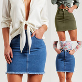 Ženska američka retro traper pencil suknja s neobrađenim rubovima Seksi jednobojna mini suknja uz visoki struk visokog struka Jeans suknja za uredske dame omotana oko bokova