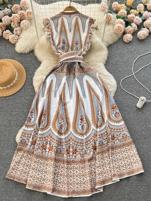 Rochie maxi tip cachetelerie de vară, cu mâneci zburătoare, cu decolteu în V, boem, cu un singur piept, cu centură în talie, haină șic cu imprimeu