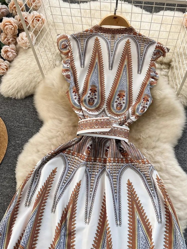 Rochie maxi tip cachetelerie de vară, cu mâneci zburătoare, cu decolteu în V, boem, cu un singur piept, cu centură în talie, haină șic cu imprimeu