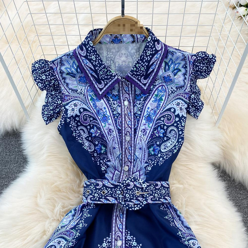 Γυναικεία καλοκαιρινή στάμπα Floral vintage ρόμπα μακρύ φόρεμα πόλο λαιμόκοψη κοντό μανίκι μονό στήθος Φόρεμα Elegnat βραδινά φορέματα για πάρτι