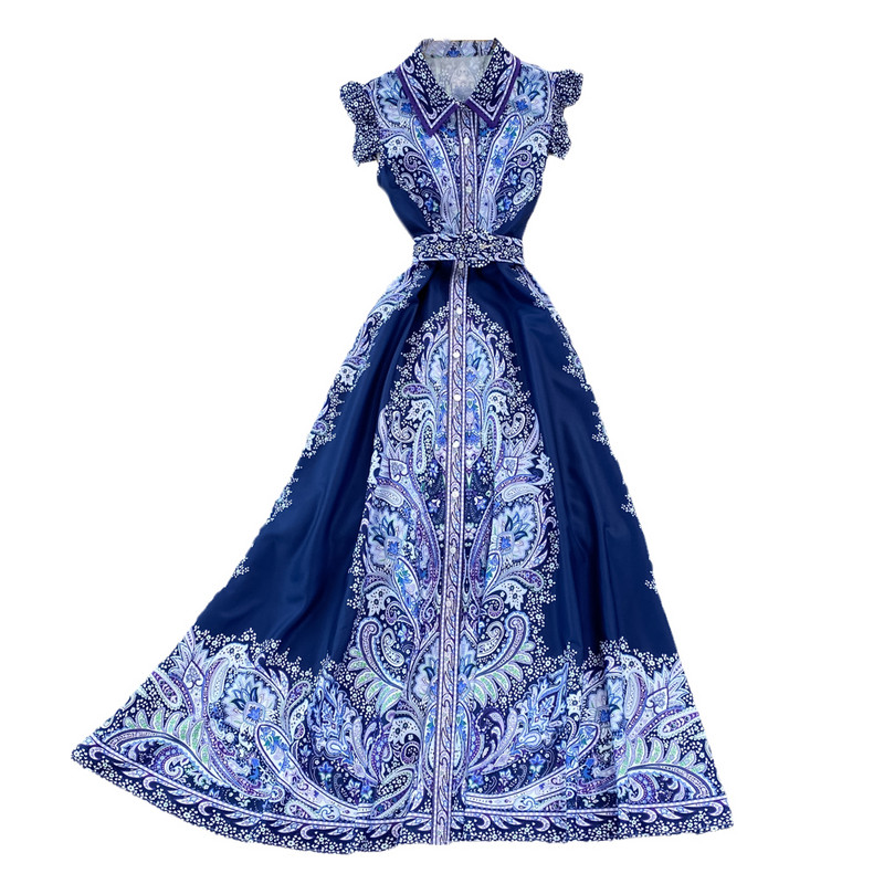 Γυναικεία καλοκαιρινή στάμπα Floral vintage ρόμπα μακρύ φόρεμα πόλο λαιμόκοψη κοντό μανίκι μονό στήθος Φόρεμα Elegnat βραδινά φορέματα για πάρτι