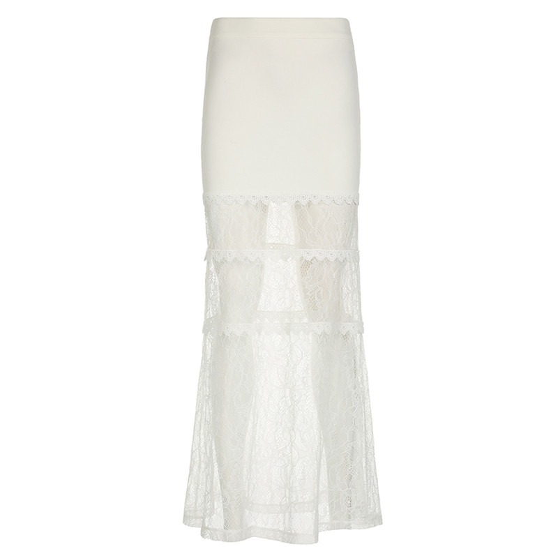 HEYounGIRL Fusta din dantelă mozaic cu coadă de pește, elegante, albă, estetică, Fusta lungă, Y2K Chic, sexy, ținute pentru dama