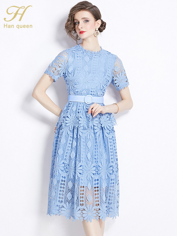 H Han Queen Dantela de vară Rochii elegante șic Rochii vintage scobite pentru femei la modă cu mâneci scurte la birou Rochie de petrecere casual