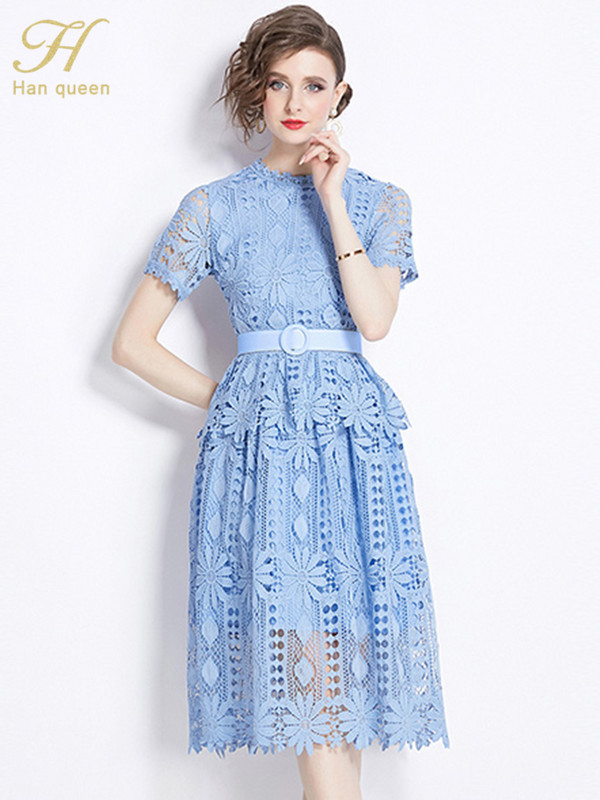 H Han Queen Dantela de vară Rochii elegante șic Rochii vintage scobite pentru femei la modă cu mâneci scurte la birou Rochie de petrecere casual