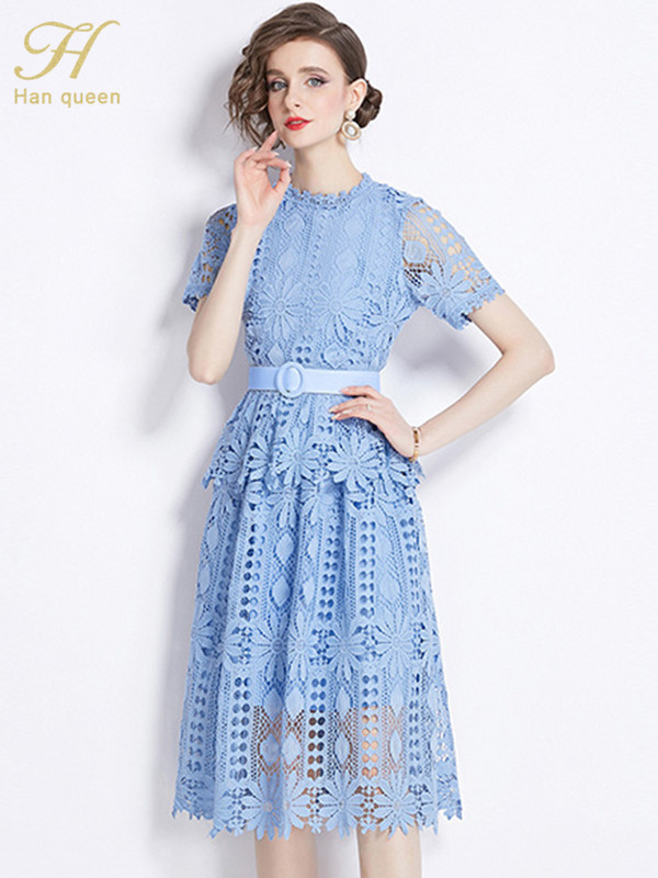 H Han Queen Dantela de vară Rochii elegante șic Rochii vintage scobite pentru femei la modă cu mâneci scurte la birou Rochie de petrecere casual
