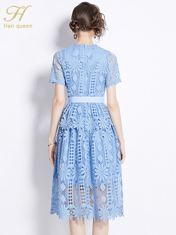 H Han Queen Dantela de vară Rochii elegante șic Rochii vintage scobite pentru femei la modă cu mâneci scurte la birou Rochie de petrecere casual