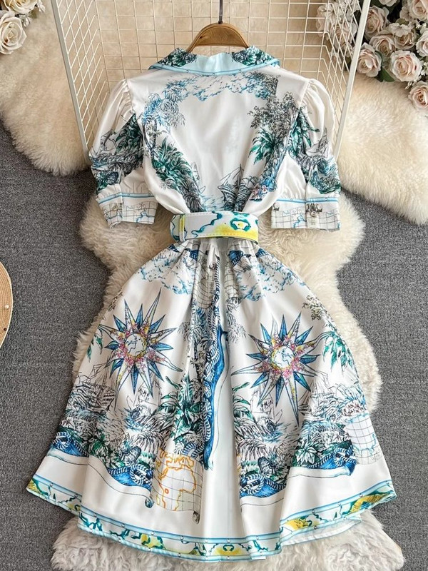 Rochie de vară cu mâneci bufante, verde, imprimeu cu frunze de la pista de vară