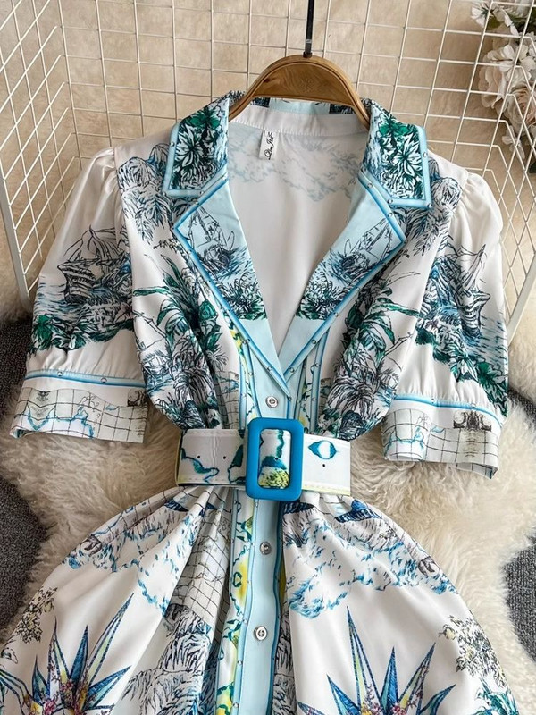 Rochie de vară cu mâneci bufante, verde, imprimeu cu frunze de la pista de vară