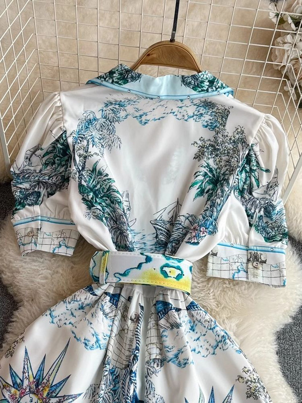 Rochie de vară cu mâneci bufante, verde, imprimeu cu frunze de la pista de vară