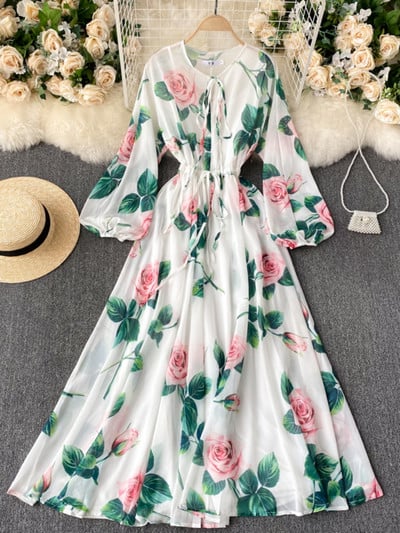 Női hosszú ruha Új tavaszi nyár Elegáns francia virágmintás Boho ruhák Női Vintage Beach hosszú köntös Vestidos