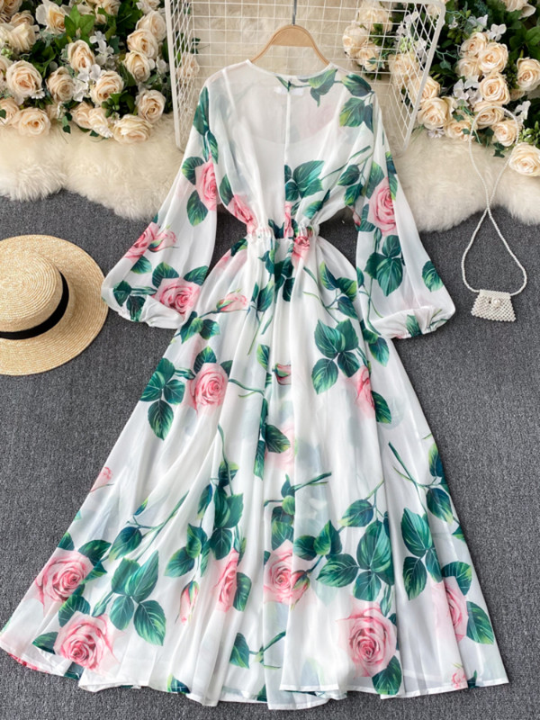 Rochie lungă pentru femei Noua primăvară vară Rochii boho cu imprimeu cu flori franțuzești elegante rochii vintage pentru plajă, rochii lungi